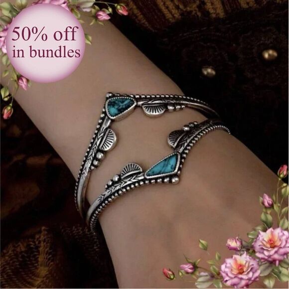 Natural Blue Turquoise Stone Decor Western Metal Cuff Bangle Bracelet - Picture 1 of 13